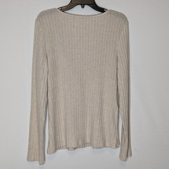 Beige Long Sleeved Ribbed Faux Wrap Soft Pullover Slim Fit Sweater; Size XL - Picture 3 of 5